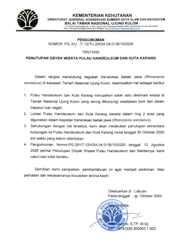 Announcement Letter about Handeuleum Island and Kutakarang Closure Handeuleum Island and Kutakarang Closed Announcement Letter image